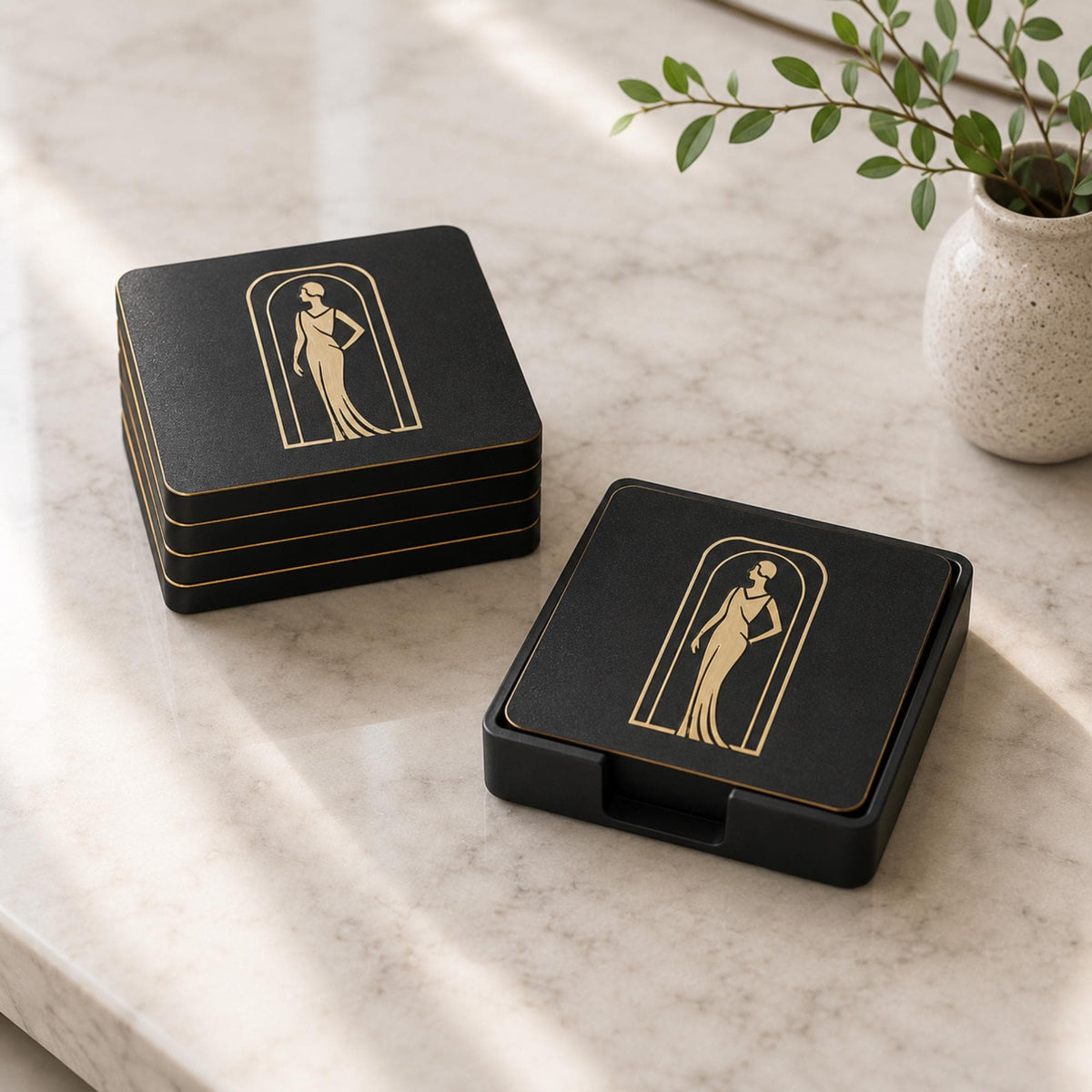Lady in Black Complete Set | Art Deco Living Room Decor Collection Bundle | Lamp, Vase, Coasters & Tray | Jazz Age Style