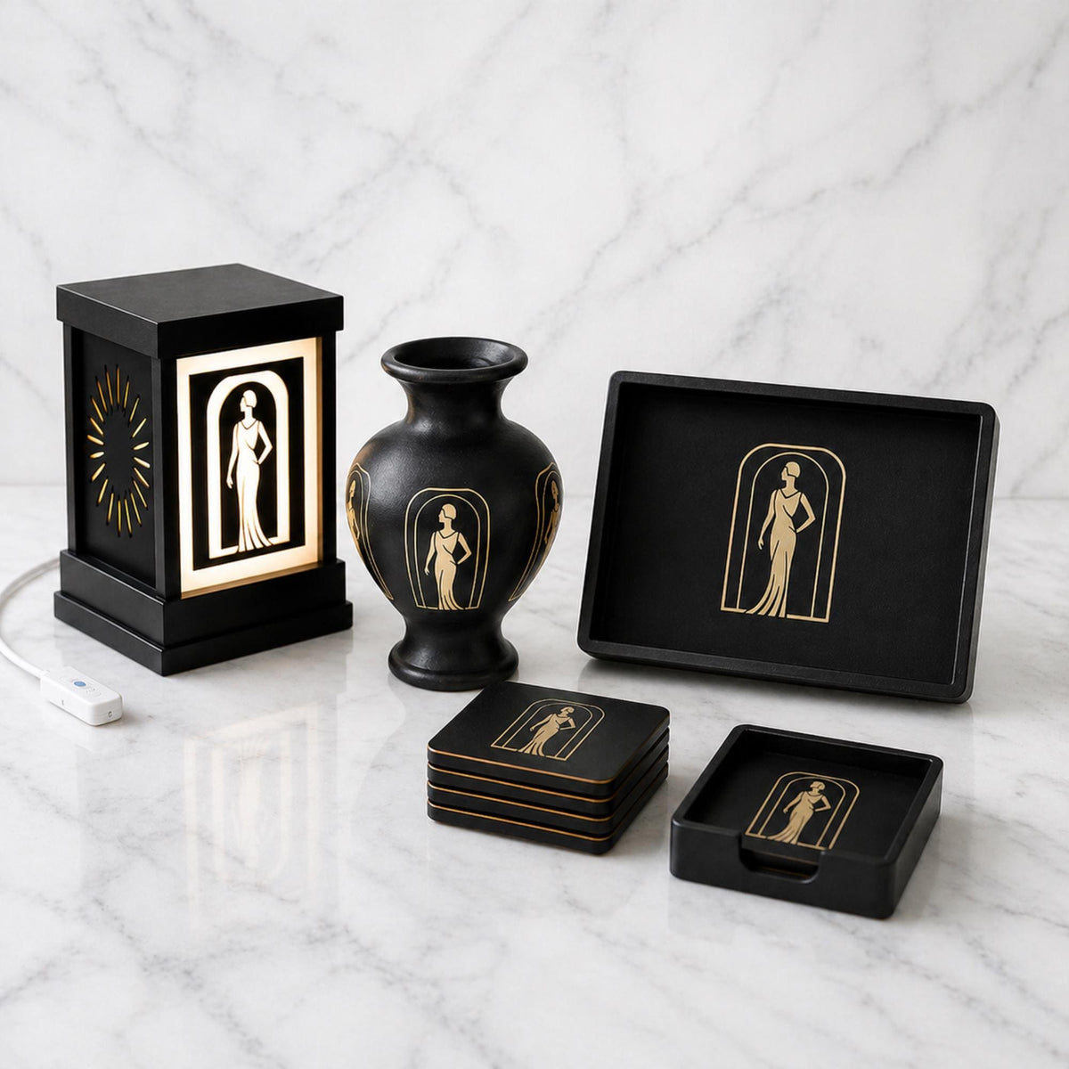 Lady in Black Complete Set | Art Deco Living Room Decor Collection Bundle | Lamp, Vase, Coasters & Tray | Jazz Age Style