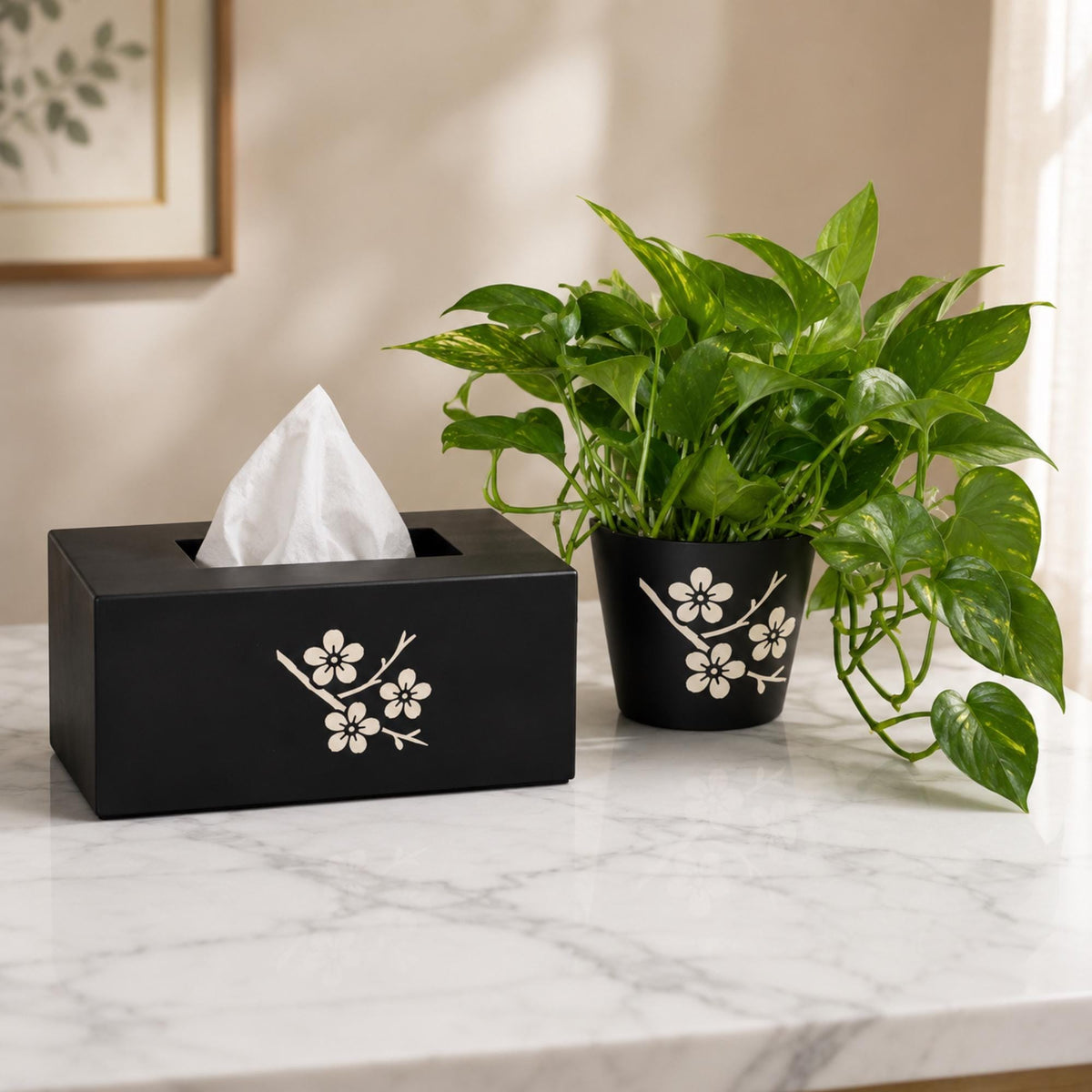 CHERRY BLOSSOM Bedroom Set | Japanese Sakura Vanity Decor Bundle | Tissue Box, Cachepot & Coasters | Zen Gift Set