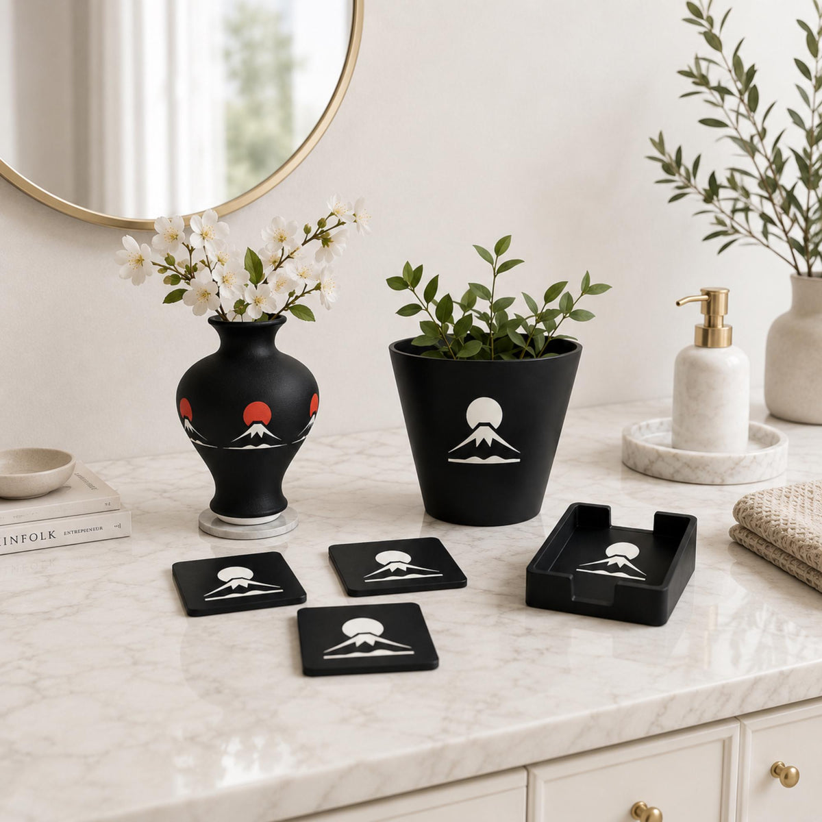MOUNT FUJI Home Decor Set | Japanese Mountain Decor Bundle | Vase, Cachepot & Fuji Coasters | Japan Gift Set