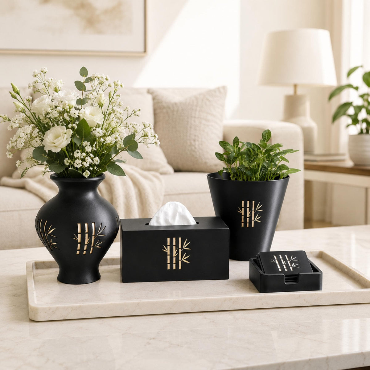 BAMBOO Zen Home Decor Bundle | Japanese Minimalist Decor Set | Bamboo Vase, Cachepot, Tissue Cover & Coasters
