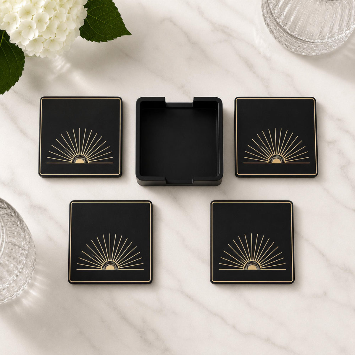 NYC Art Deco Statement Set | Manhattan Architecture Decor Bundle | Gotham Tower Vase, Lady Tray & Starburst Coasters