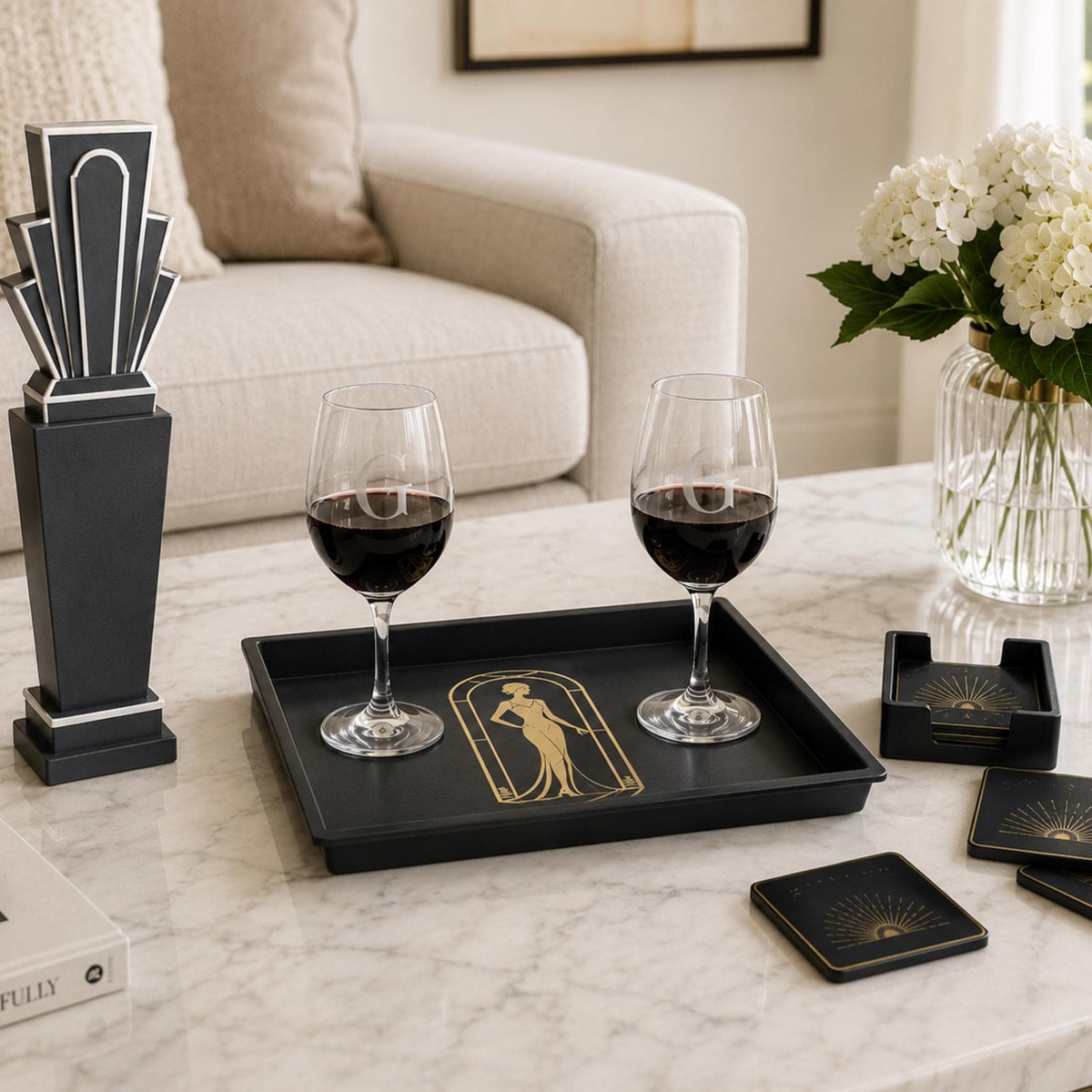 NYC Art Deco Statement Set | Manhattan Architecture Decor Bundle | Gotham Tower Vase, Lady Tray & Starburst Coasters