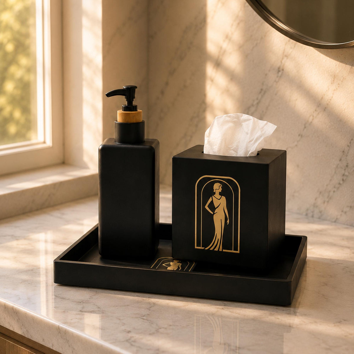 ART DECO Lady in Black Bathroom Set | Powder Room Vanity Decor | Tissue Box Cover, Soap Dispenser with Pump & Tray | Luxe Gift Bundle