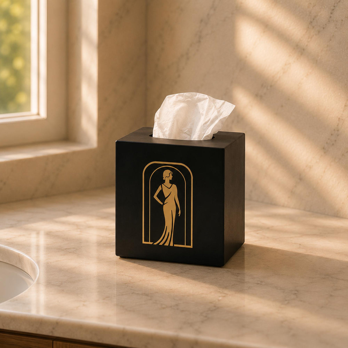 ART DECO Lady in Black Bathroom Set | Powder Room Vanity Decor | Tissue Box Cover, Soap Dispenser with Pump & Tray | Luxe Gift Bundle