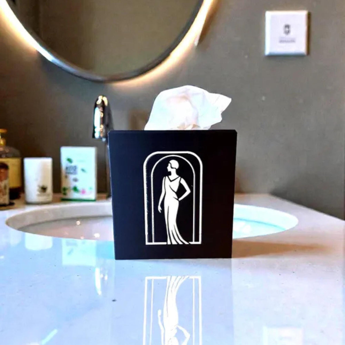 ART DECO Lady in Black Bathroom Set | Powder Room Vanity Decor | Tissue Box Cover, Soap Dispenser with Pump & Tray | Luxe Gift Bundle