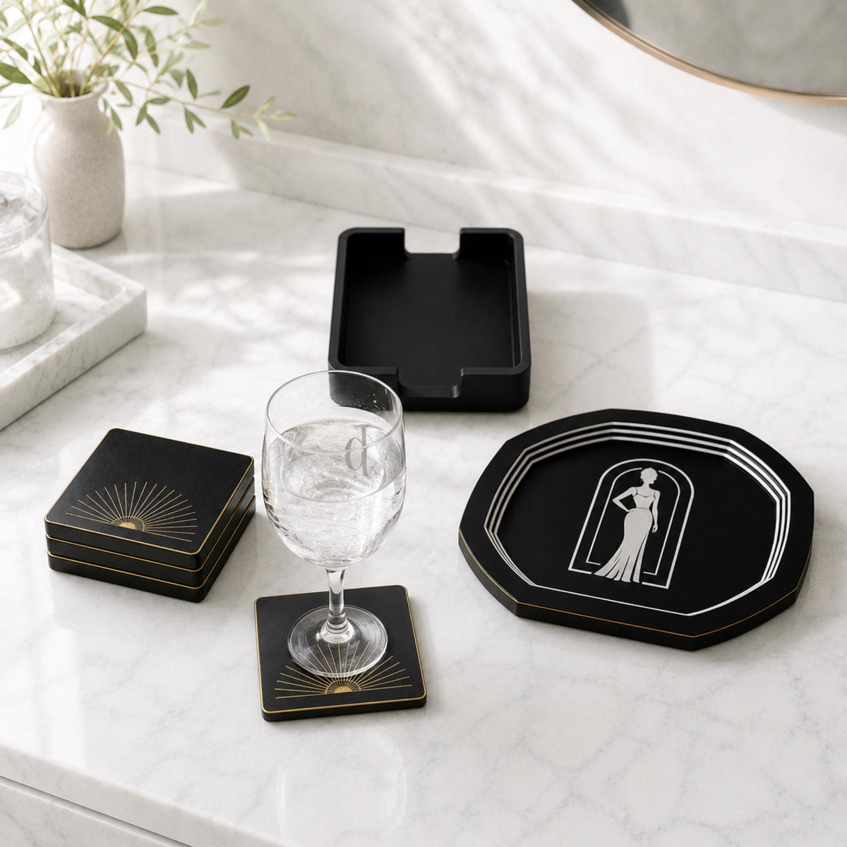 ART DECO Display Set | Coffee Table & Console Decor | Lady in Black LUXE Tray, Pyramid Box and Coasters