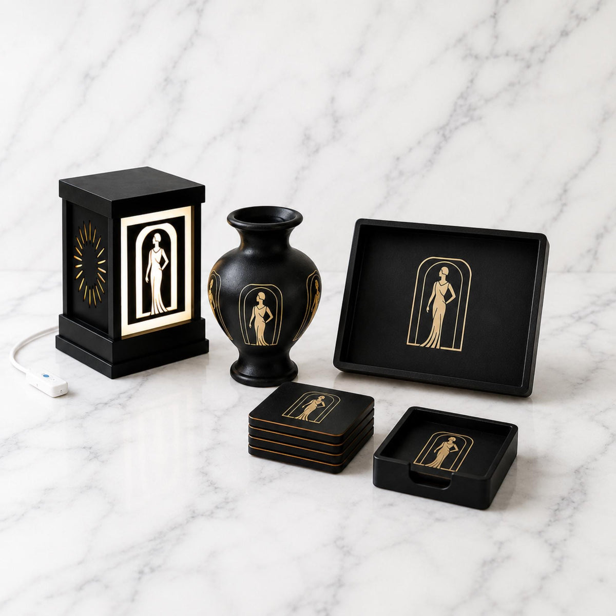 Lady in Black Complete Set | Art Deco Living Room Decor Collection Bundle | Lamp, Vase, Coasters & Tray | Jazz Age Style