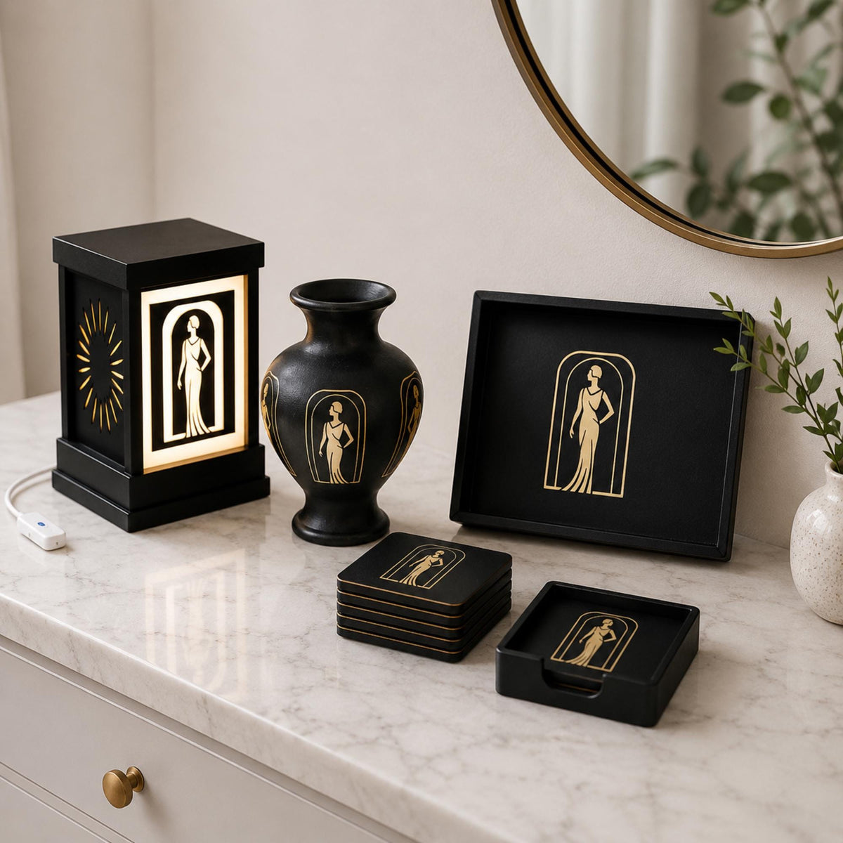 Lady in Black Complete Set | Art Deco Living Room Decor Collection Bundle | Lamp, Vase, Coasters & Tray | Jazz Age Style
