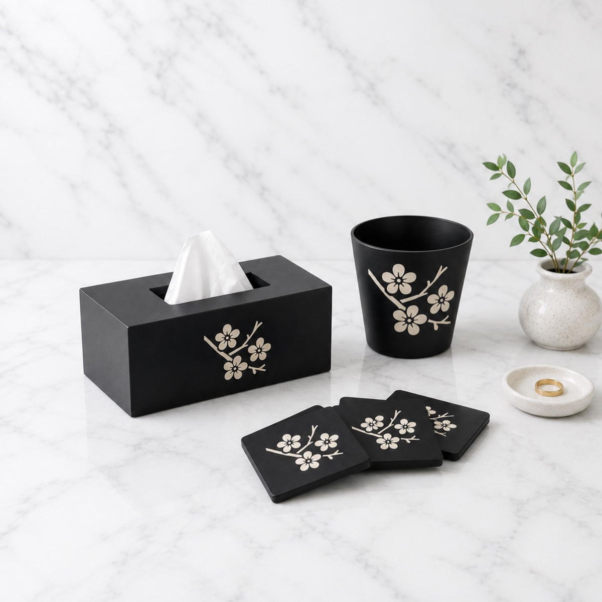 CHERRY BLOSSOM Bedroom Set | Japanese Sakura Vanity Decor Bundle | Tissue Box, Cachepot & Coasters | Zen Gift Set