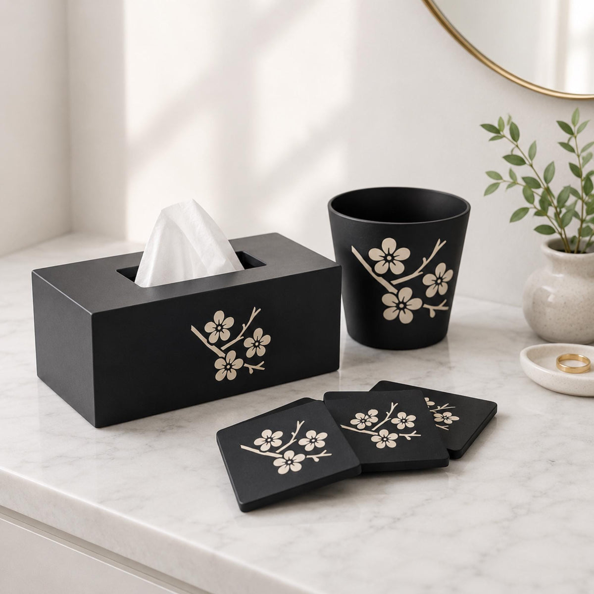 CHERRY BLOSSOM Bedroom Set | Japanese Sakura Vanity Decor Bundle | Tissue Box, Cachepot & Coasters | Zen Gift Set