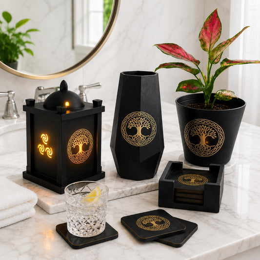 CELTIC TREE of Life Heritage Set | Irish Family Roots Decor Bundle | Lantern, Vase, Cachepot & Coasters Gift
