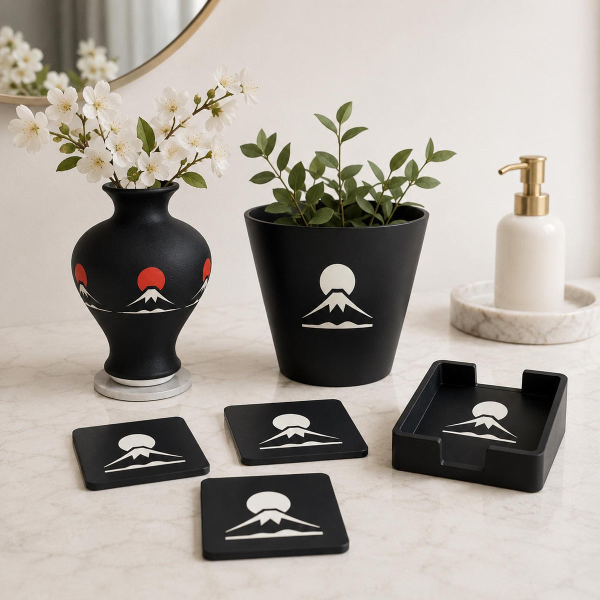 MOUNT FUJI Home Decor Set | Japanese Mountain Decor Bundle | Vase, Cachepot & Fuji Coasters | Japan Gift Set