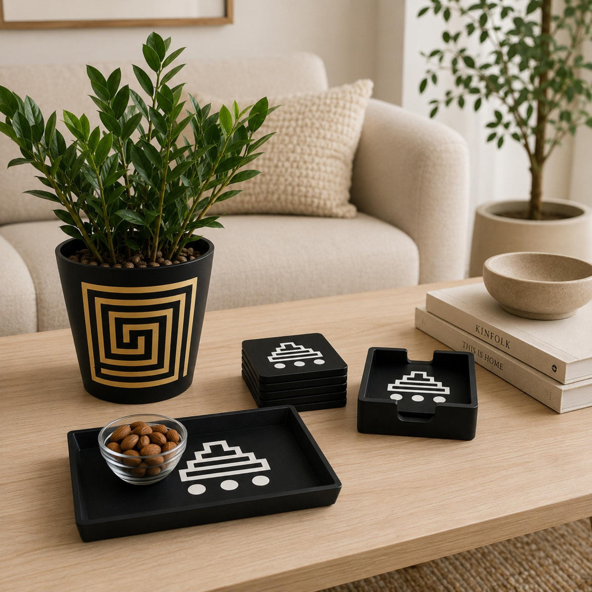 MESOAMERICAN Home Decor Set | Mayan Temple Bundle | Stepped Pyramid Tray, Pyramid Coasters & Labyrinth Cachepot