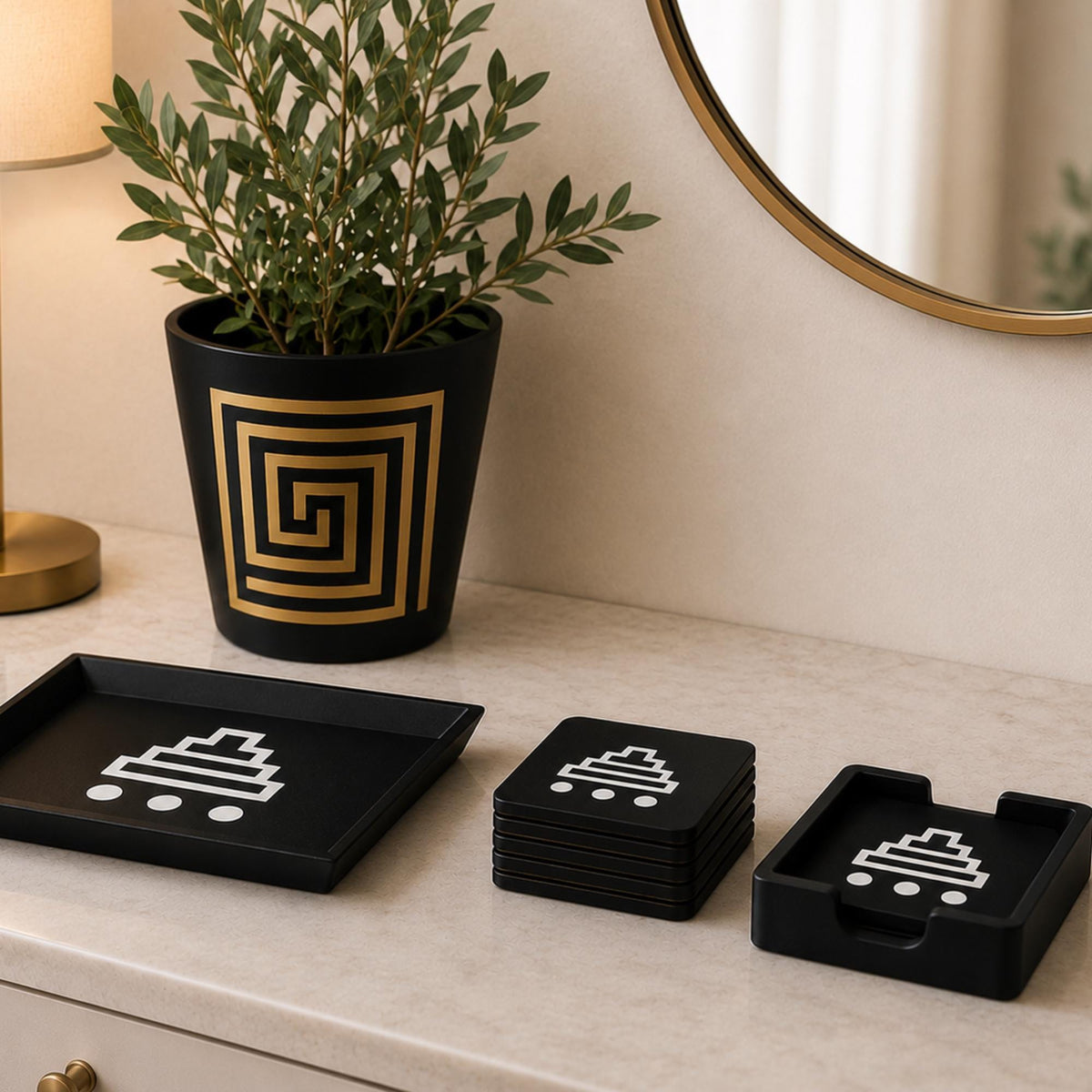 MESOAMERICAN Home Decor Set | Mayan Temple Bundle | Stepped Pyramid Tray, Pyramid Coasters & Labyrinth Cachepot