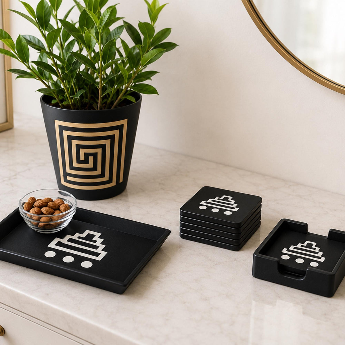 MESOAMERICAN Home Decor Set | Mayan Temple Bundle | Stepped Pyramid Tray, Pyramid Coasters & Labyrinth Cachepot