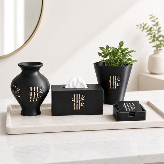BAMBOO Zen Home Decor Bundle | Japanese Minimalist Decor Set | Bamboo Vase, Cachepot, Tissue Cover & Coasters