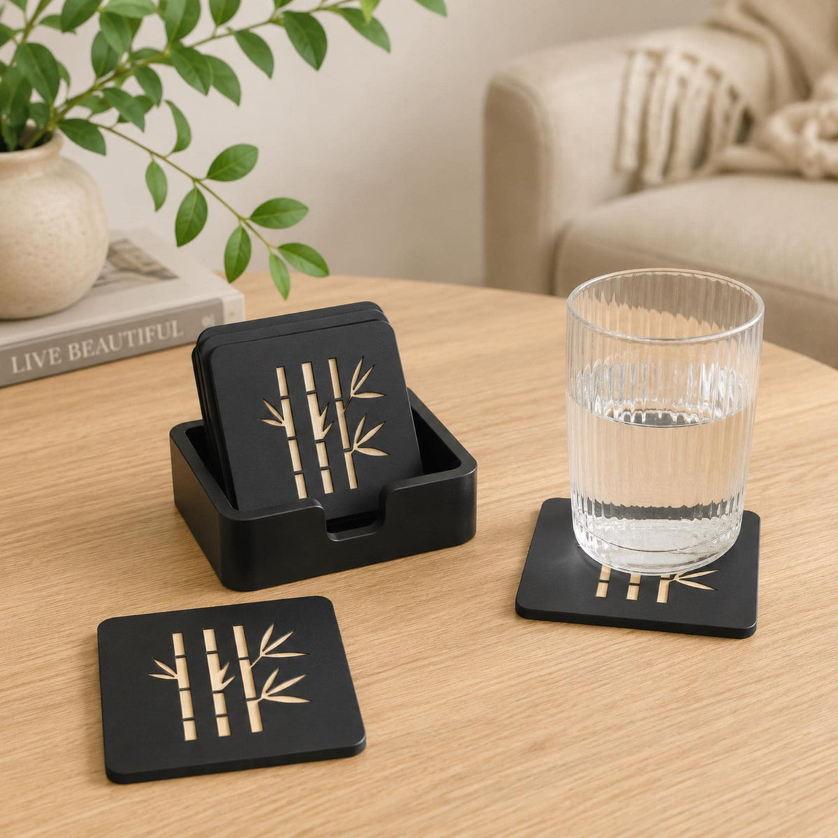 BAMBOO Zen Home Decor Bundle | Japanese Minimalist Decor Set | Bamboo Vase, Cachepot, Tissue Cover & Coasters