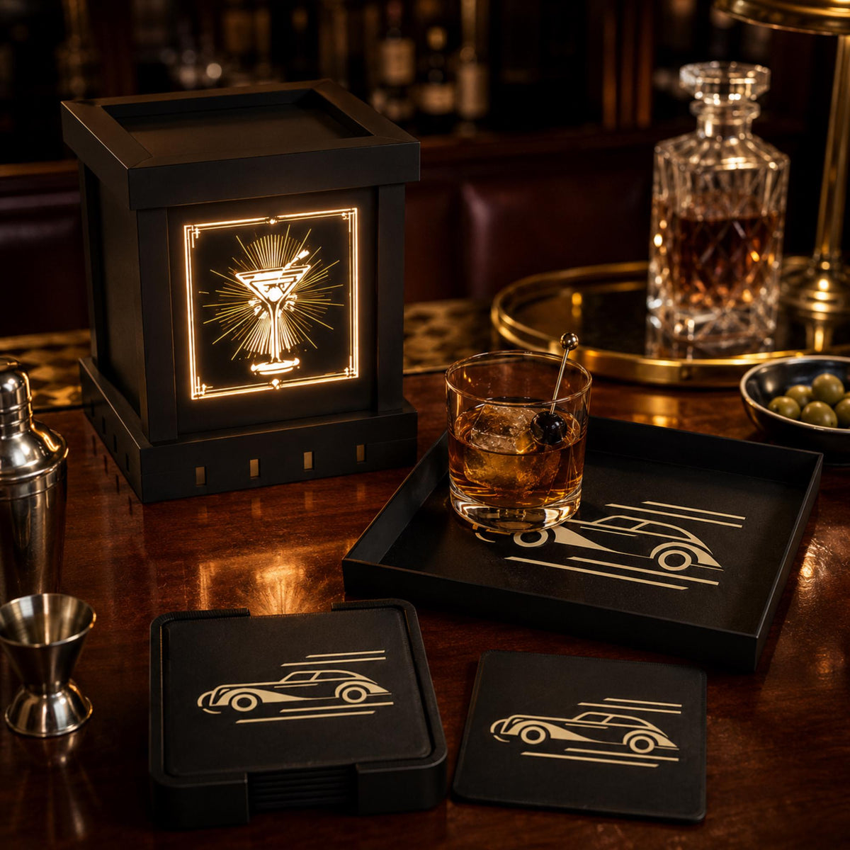 SPEAKEASY Bar Set | Art Deco Home Bar Bundle | Martini Lamp, Luxury Auto Tray & Coasters | Jazz Age Cocktail Gift Set