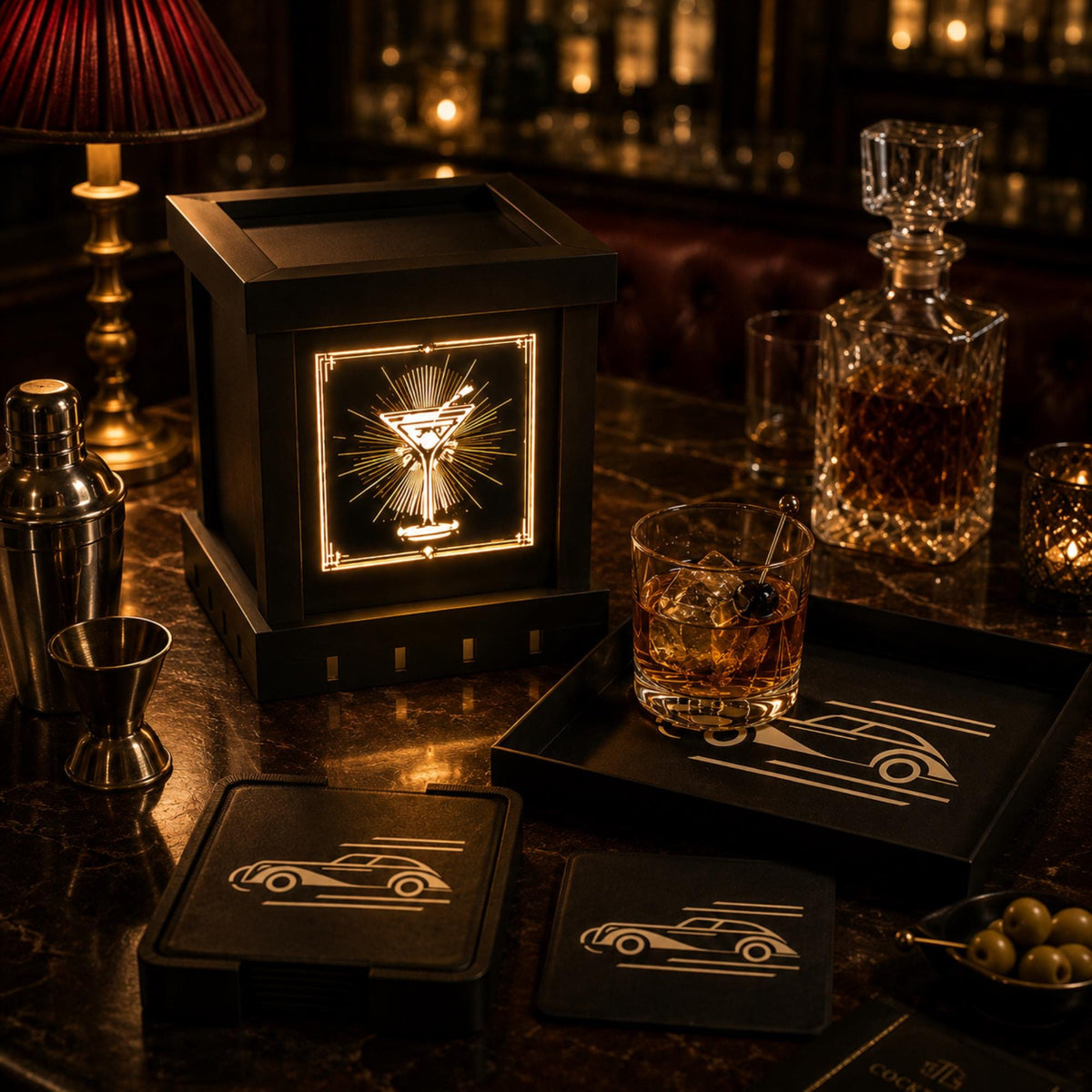 SPEAKEASY Bar Set | Art Deco Home Bar Bundle | Martini Lamp, Luxury Auto Tray & Coasters | Jazz Age Cocktail Gift Set