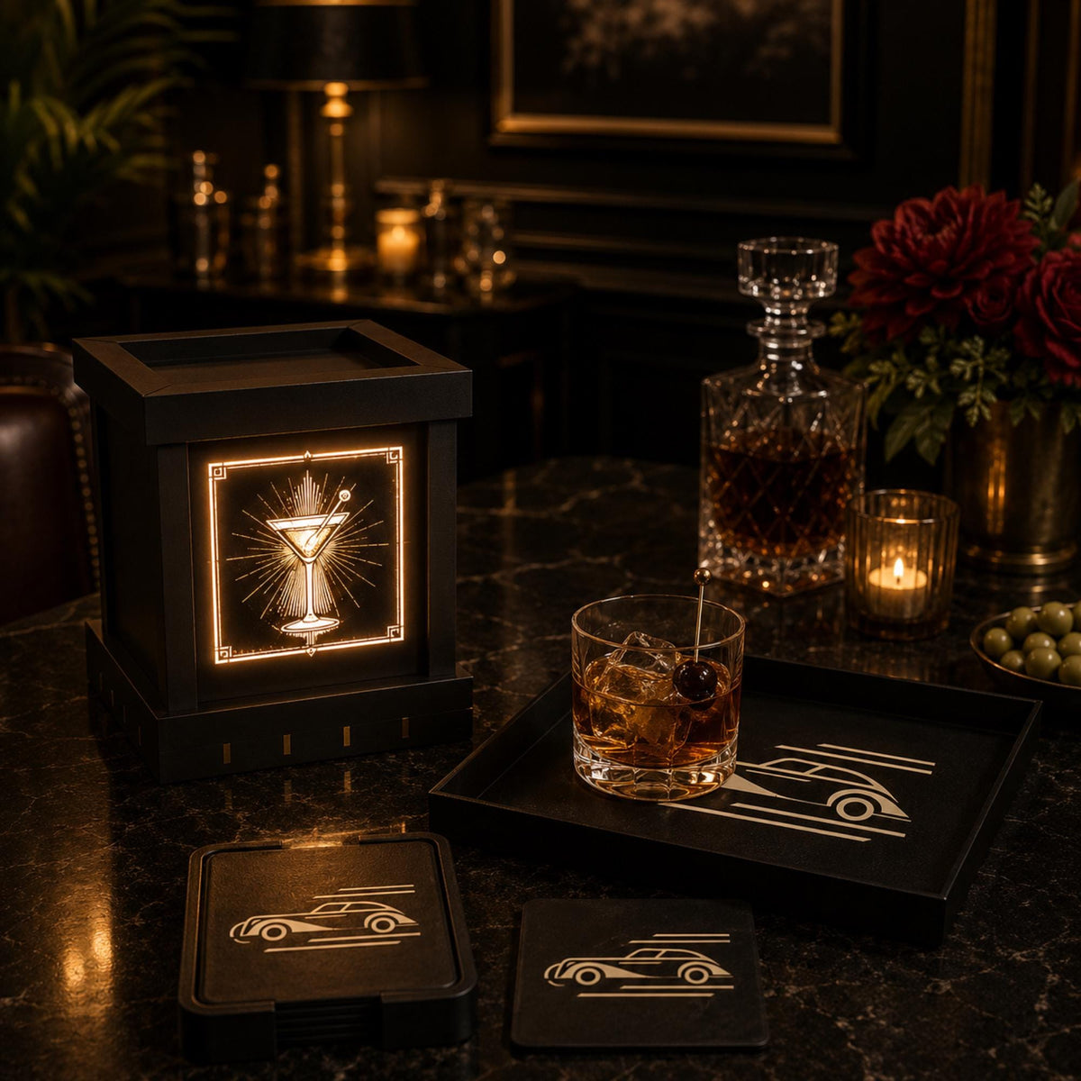 SPEAKEASY Bar Set | Art Deco Home Bar Bundle | Martini Lamp, Luxury Auto Tray & Coasters | Jazz Age Cocktail Gift Set
