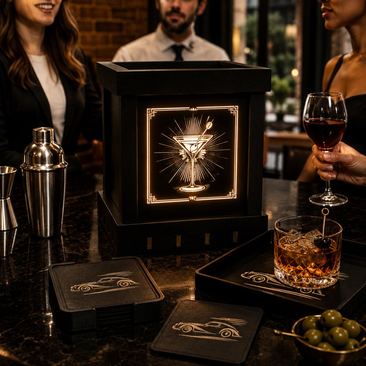 SPEAKEASY Bar Set | Art Deco Home Bar Bundle | Martini Lamp, Luxury Auto Tray & Coasters | Jazz Age Cocktail Gift Set