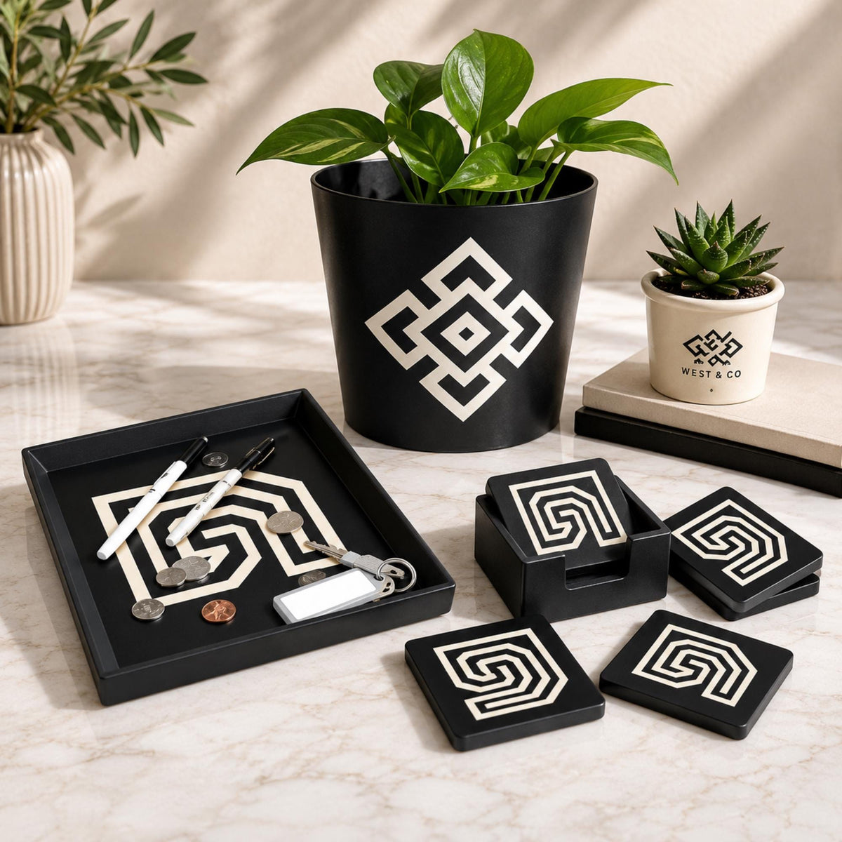 PUEBLO SOUTHWEST Decor Set | Santa Fe Home Decor Bundle | Pueblo Tray, Coasters & Andean Cachepot | Desert Aesthetic Gift