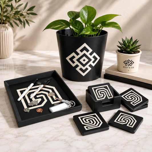 PUEBLO SOUTHWEST Decor Set | Santa Fe Home Decor Bundle | Pueblo Tray, Coasters & Andean Cachepot | Desert Aesthetic Gift