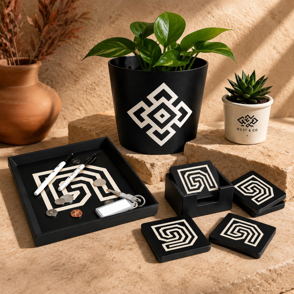 PUEBLO SOUTHWEST Decor Set | Santa Fe Home Decor Bundle | Pueblo Tray, Coasters & Andean Cachepot | Desert Aesthetic Gift