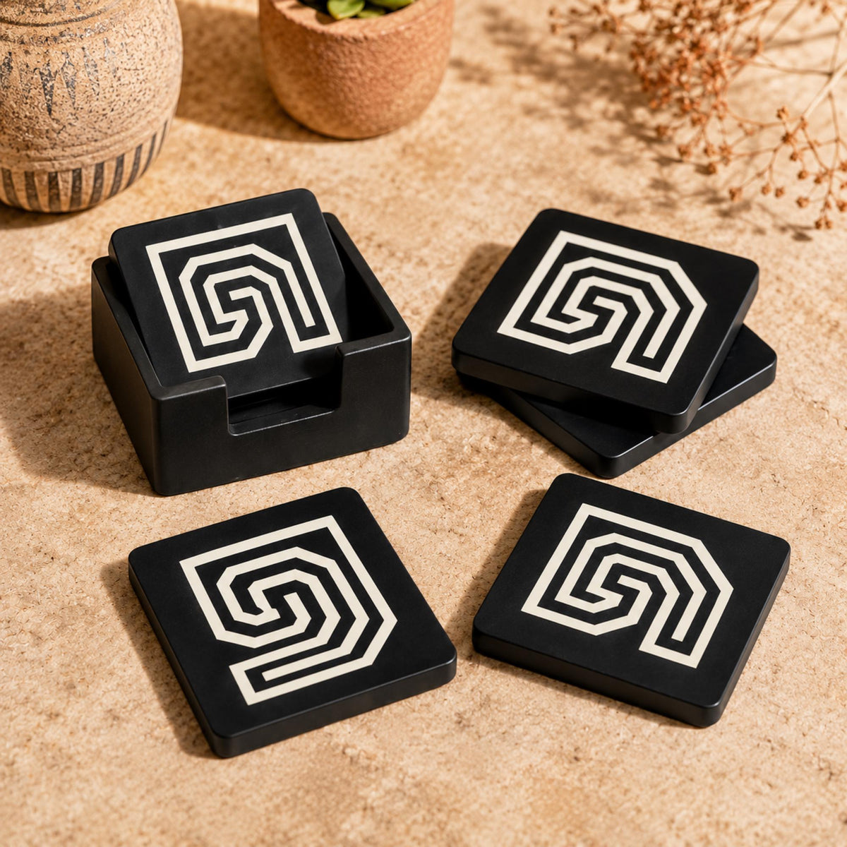 PUEBLO SOUTHWEST Decor Set | Santa Fe Home Decor Bundle | Pueblo Tray, Coasters & Andean Cachepot | Desert Aesthetic Gift