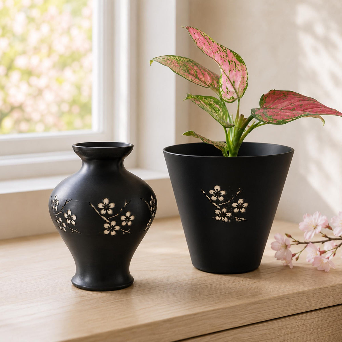 CHERRY BLOSSOM Vase Pair | Japanese Sakura Decor Set | Cherry Blossom Vase & Cachepot | Zen Mantel Decor Gift Bundle