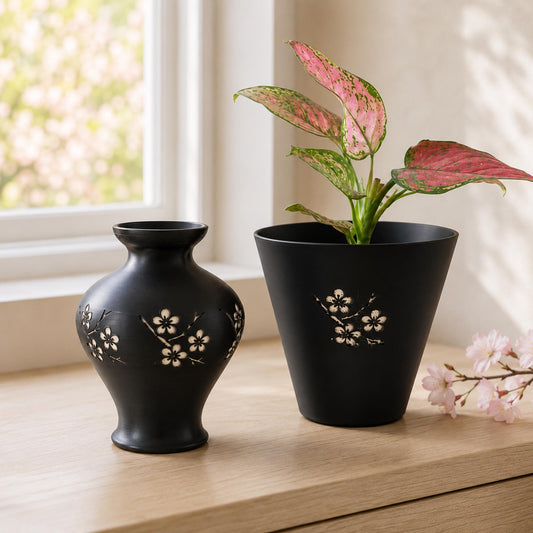 CHERRY BLOSSOM Vase Pair | Japanese Sakura Decor Set | Cherry Blossom Vase & Cachepot | Zen Mantel Decor Gift Bundle
