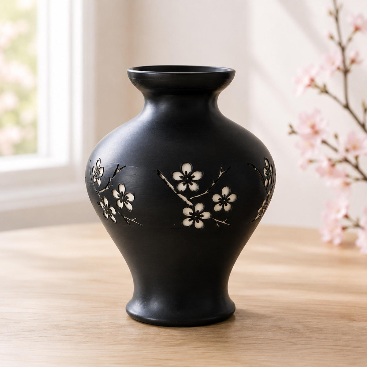 CHERRY BLOSSOM Vase Pair | Japanese Sakura Decor Set | Cherry Blossom Vase & Cachepot | Zen Mantel Decor Gift Bundle