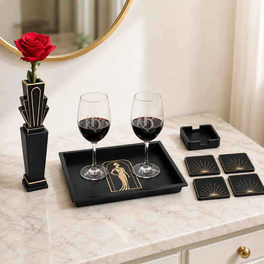 NYC Art Deco Statement Set | Manhattan Architecture Decor Bundle | Gotham Tower Vase, Lady Tray & Starburst Coasters