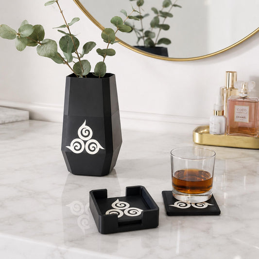 TRISKELE CELTIC Gift Set | Irish Ancestry Decor Bundle | Triple Spiral Vase & Coasters | Ancient Ireland Heritage Gift