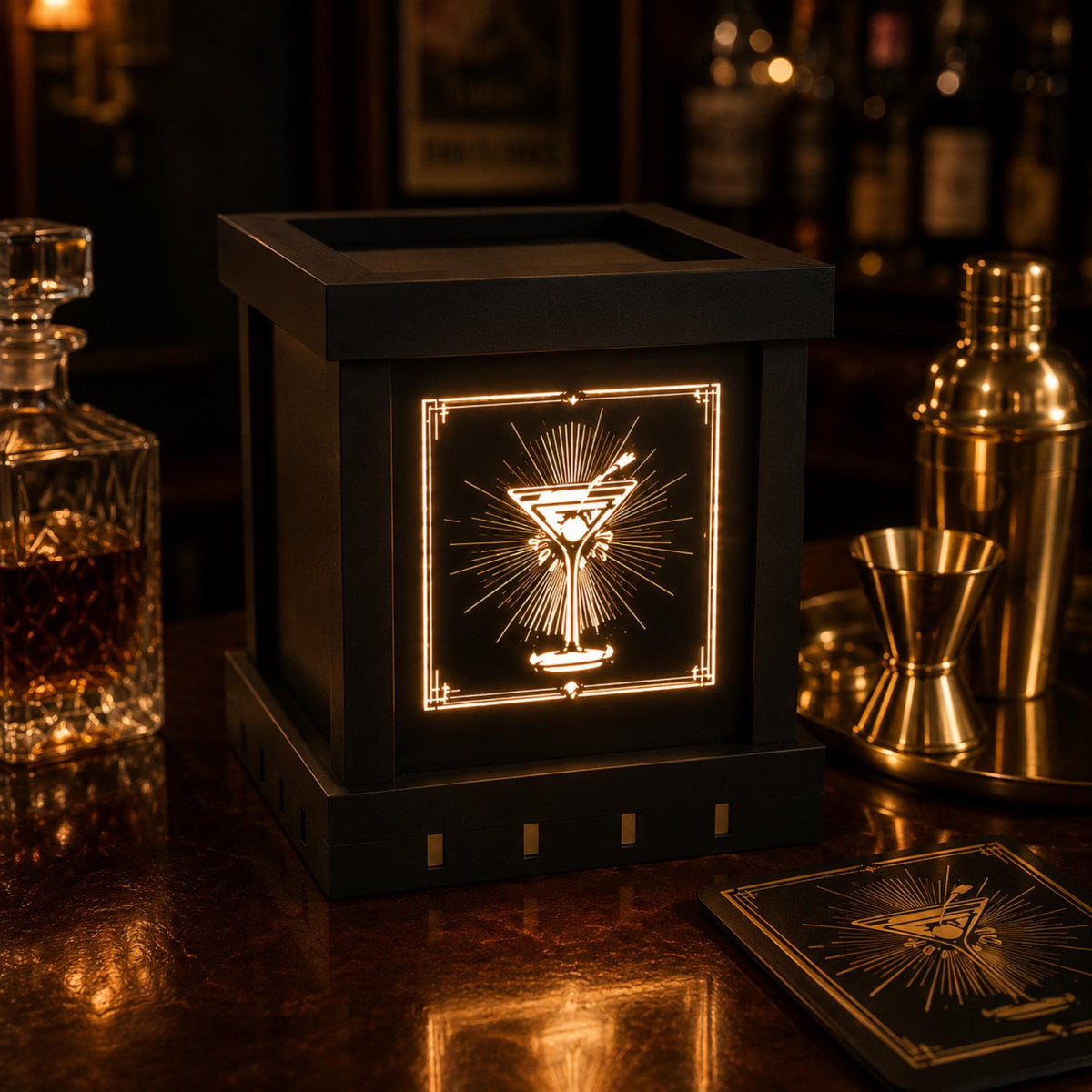 SPEAKEASY Bar Set | Art Deco Home Bar Bundle | Martini Lamp, Luxury Auto Tray & Coasters | Jazz Age Cocktail Gift Set