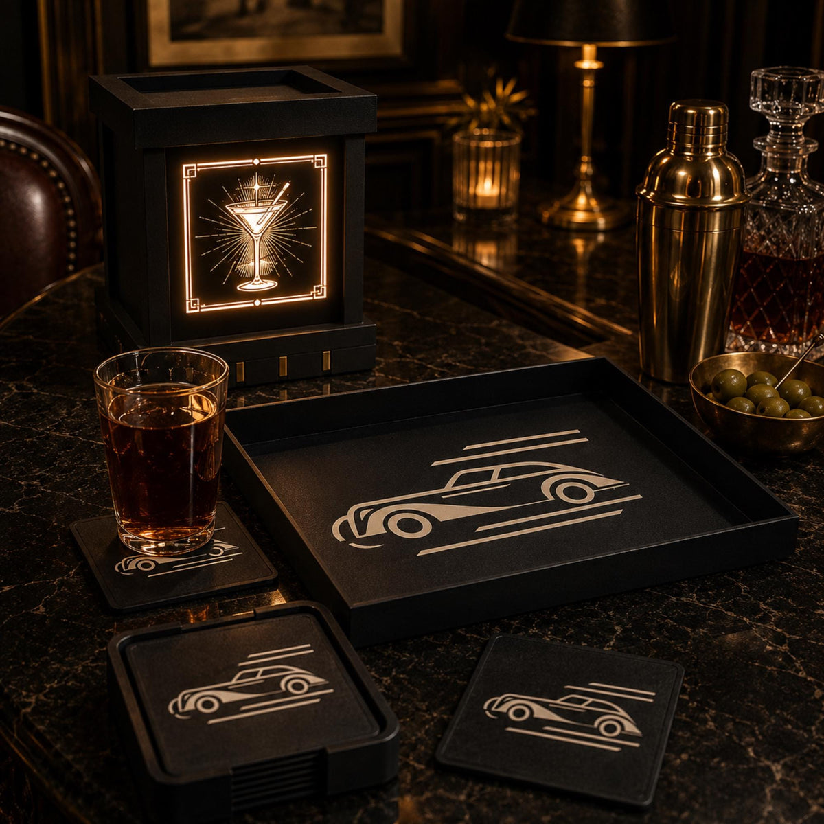 SPEAKEASY Bar Set | Art Deco Home Bar Bundle | Martini Lamp, Luxury Auto Tray & Coasters | Jazz Age Cocktail Gift Set