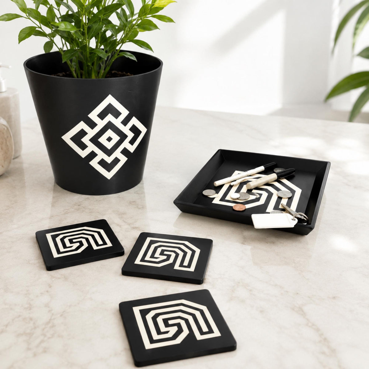 PUEBLO SOUTHWEST Decor Set | Santa Fe Home Decor Bundle | Pueblo Tray, Coasters & Andean Cachepot | Desert Aesthetic Gift