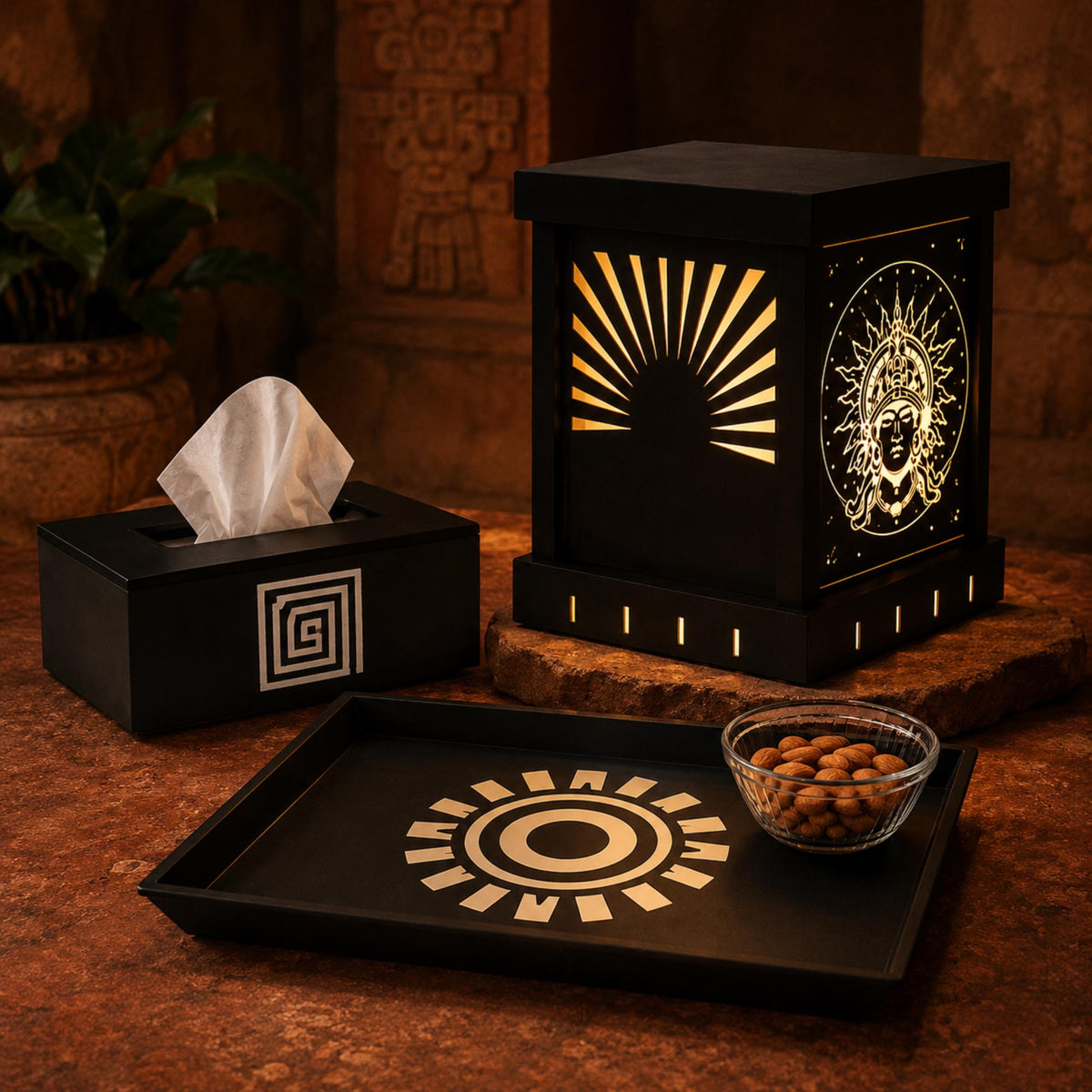 AZTEC SUN Collection Bundle | Mesoamerican Lamp Set | Sol Invictus Home Decor | Ancient Americas Premium Decor Set