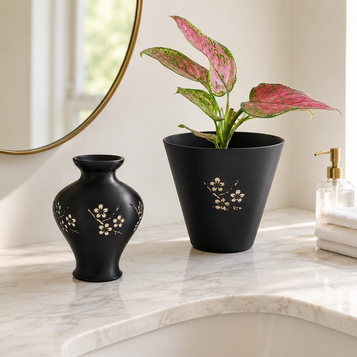 CHERRY BLOSSOM Vase Pair | Japanese Sakura Decor Set | Cherry Blossom Vase & Cachepot | Zen Mantel Decor Gift Bundle