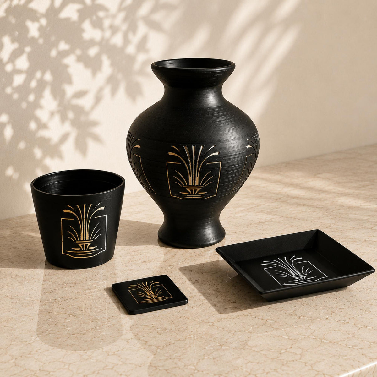 ART DECO LUXE Lady in Black Bundle | Vase, Cachepot & Tray Set | Gatsby Glam Home Decor | Housewarming Gift