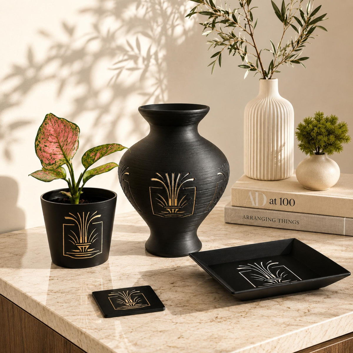 ART DECO LUXE Lady in Black Bundle | Vase, Cachepot & Tray Set | Gatsby Glam Home Decor | Housewarming Gift