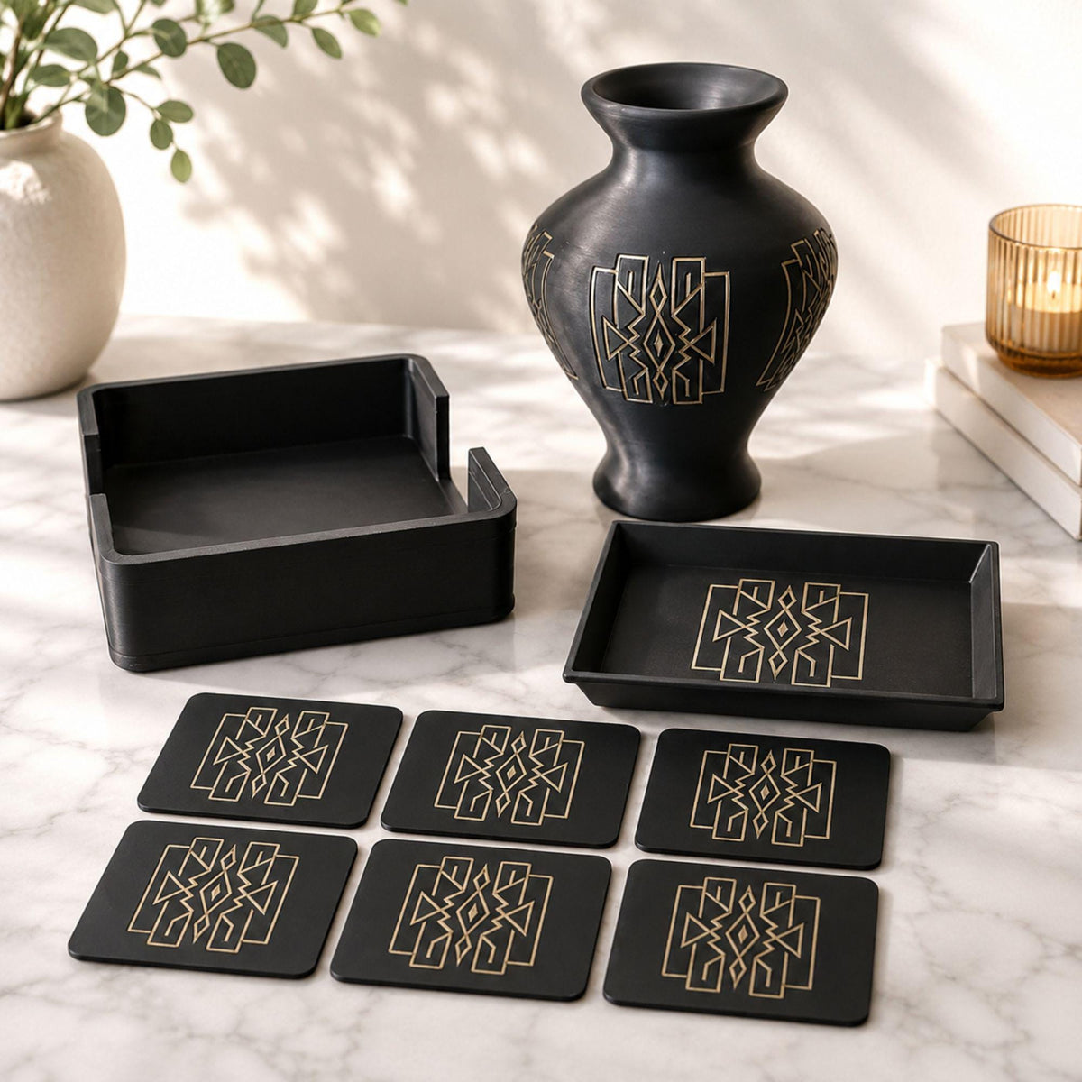 Art Deco Lattice Decor Set | Mid Century Modern Coffee Table Bundle | Black and Tan Vase Tray Coasters | Geometric Home Gift
