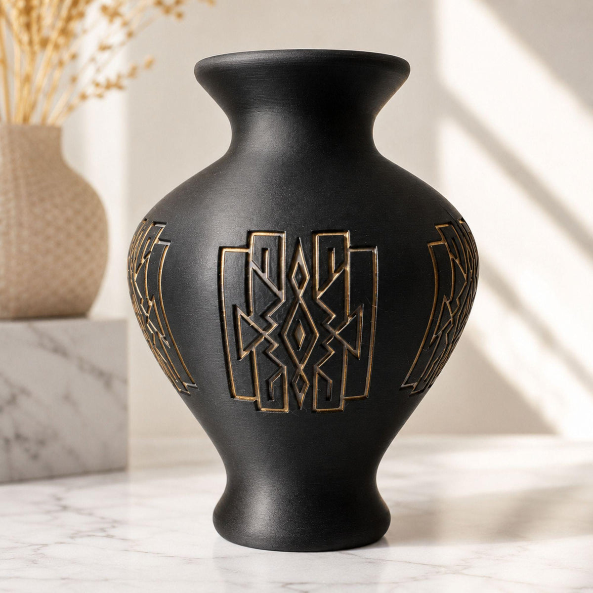 Art Deco Lattice Decor Set | Mid Century Modern Coffee Table Bundle | Black and Tan Vase Tray Coasters | Geometric Home Gift