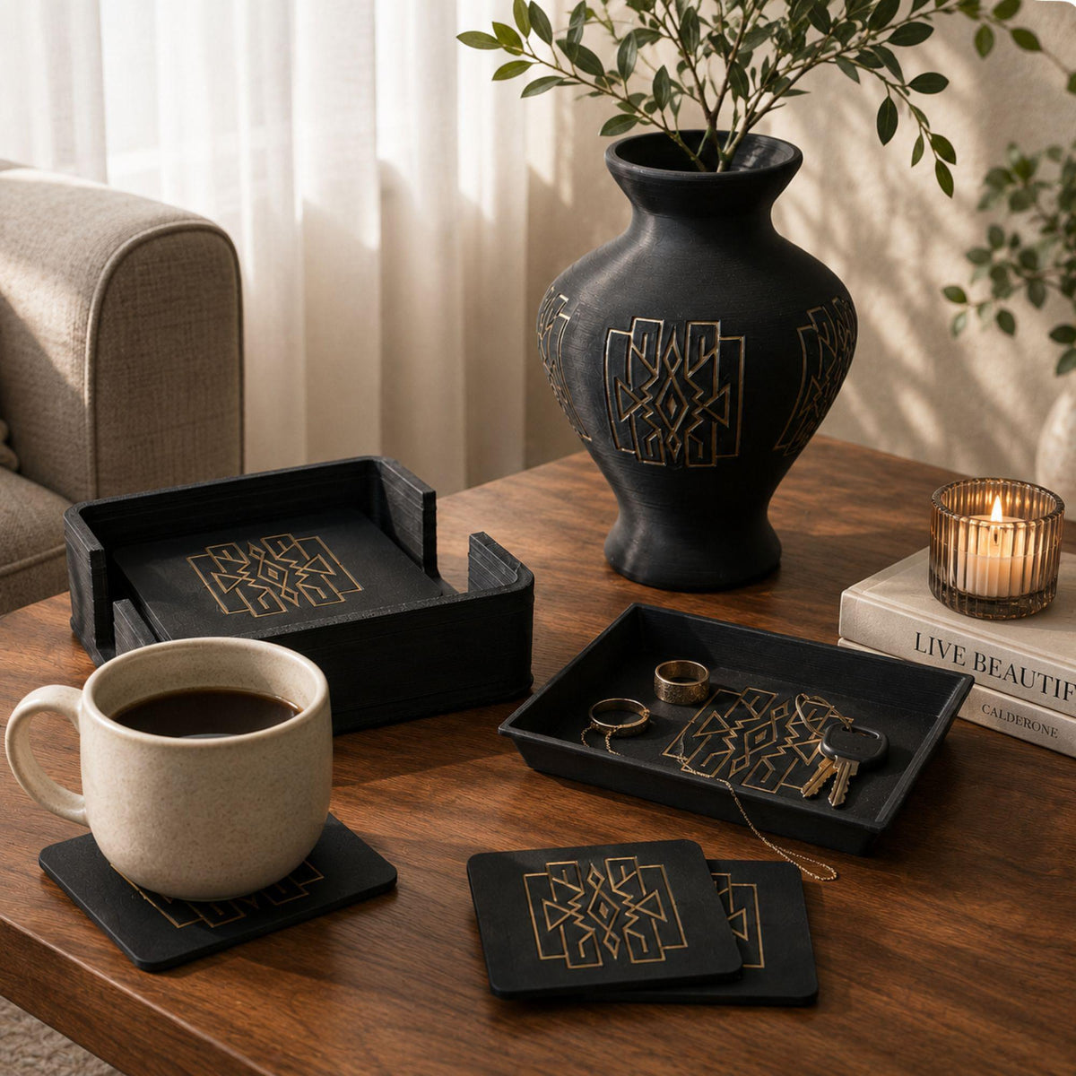 Art Deco Lattice Decor Set | Mid Century Modern Coffee Table Bundle | Black and Tan Vase Tray Coasters | Geometric Home Gift