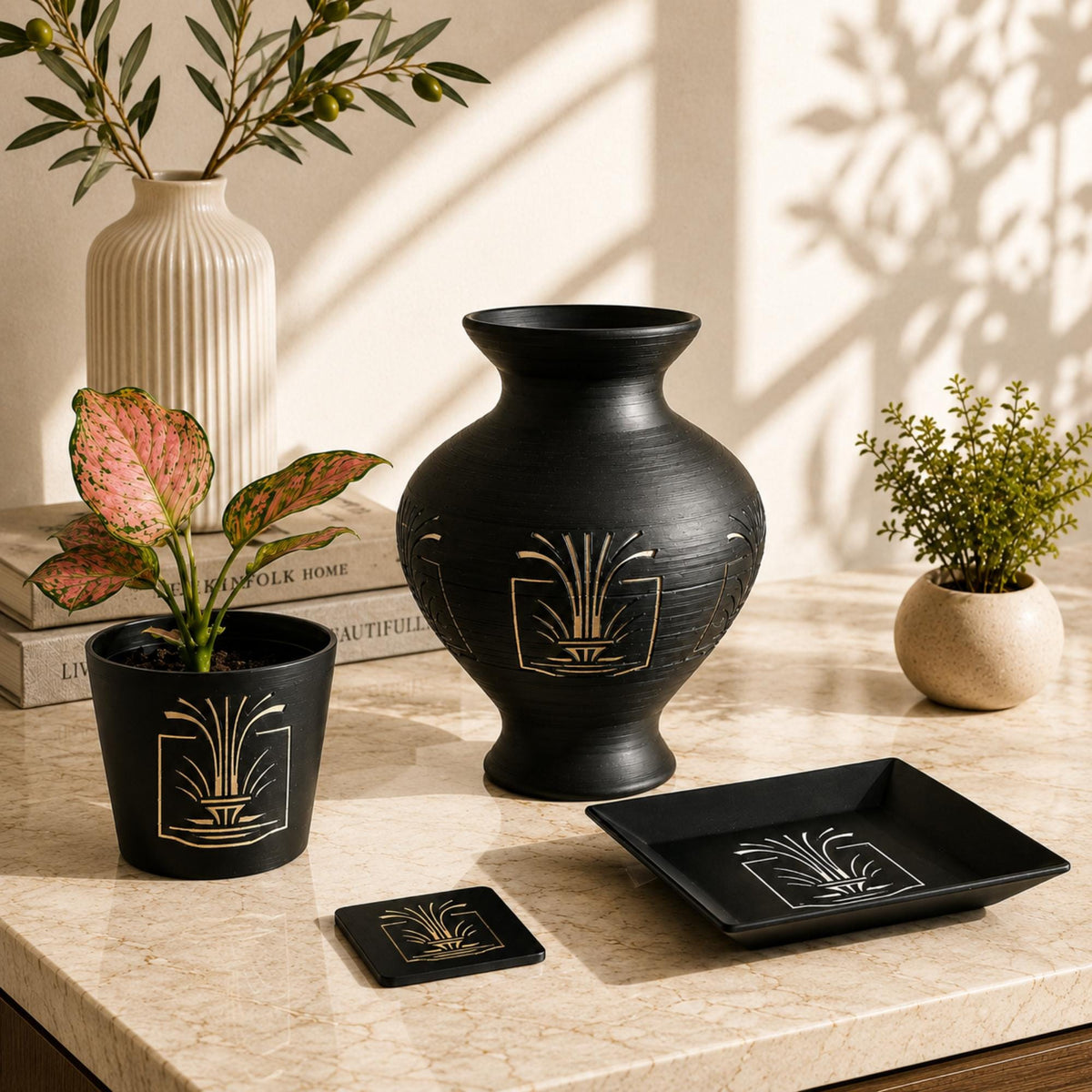 ART DECO LUXE Lady in Black Bundle | Vase, Cachepot & Tray Set | Gatsby Glam Home Decor | Housewarming Gift