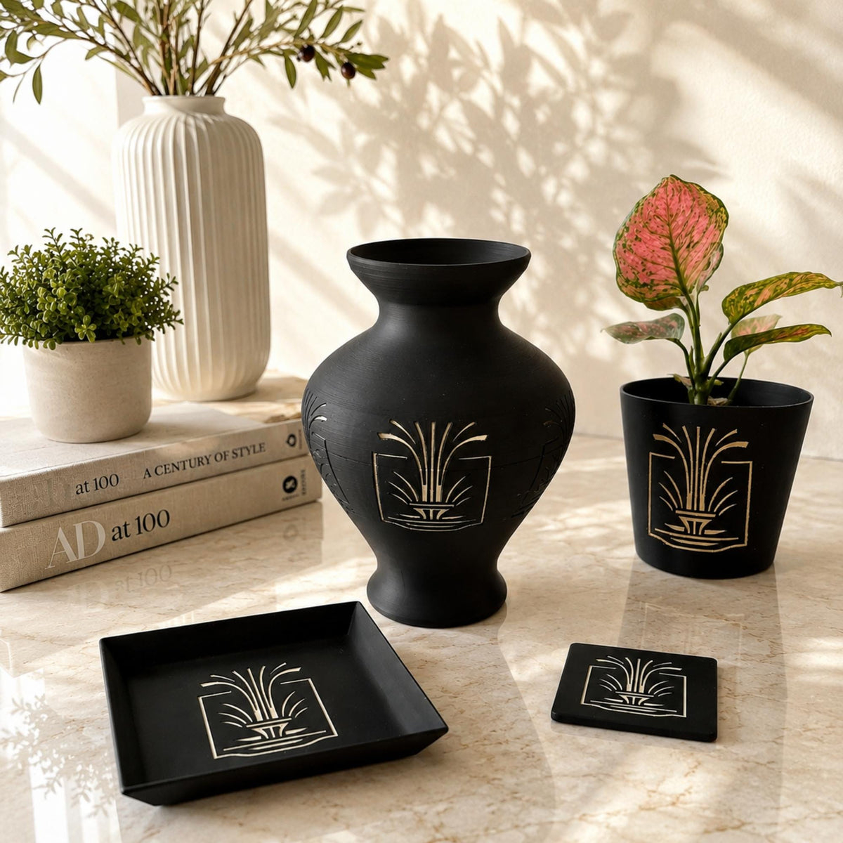 ART DECO LUXE Lady in Black Bundle | Vase, Cachepot & Tray Set | Gatsby Glam Home Decor | Housewarming Gift