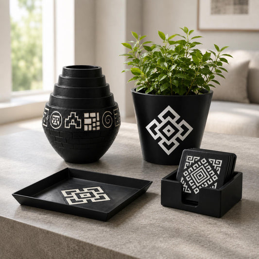 Andean Inca Heritage Decor Set | Machu Picchu Vase, Cachepot Tray & Coasters | Black White Geometric Gift