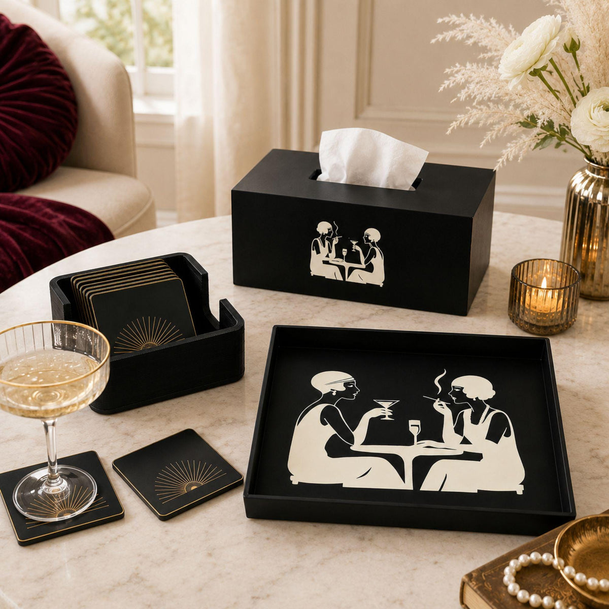 Art Deco Speakeasy Decor Set | Flapper Tissue Box Cover, Tray, Coasters & Holder | Gatsby Bathroom Bar Cart Gift