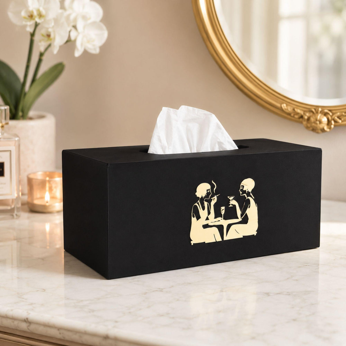 Art Deco Speakeasy Decor Set | Flapper Tissue Box Cover, Tray, Coasters & Holder | Gatsby Bathroom Bar Cart Gift